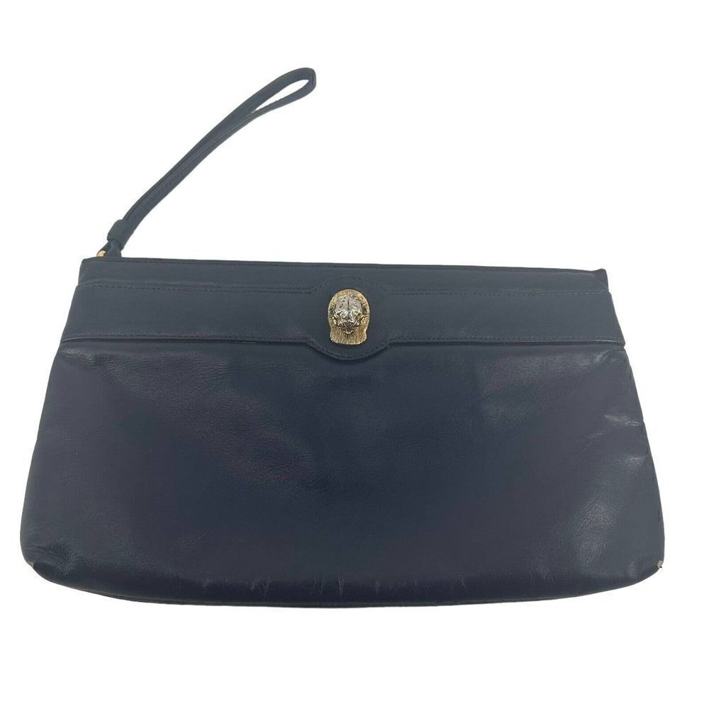 Ruth Saltz Clutch Handbag Vintage Leather Navy Blue Lion Classic Evening Purse
